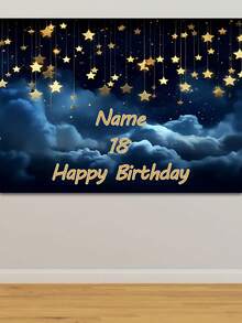 可定制的新生儿摄影背景，带有月亮、星星、蓝云和卡通图案的生日海报 - 彩色 - 查看 3