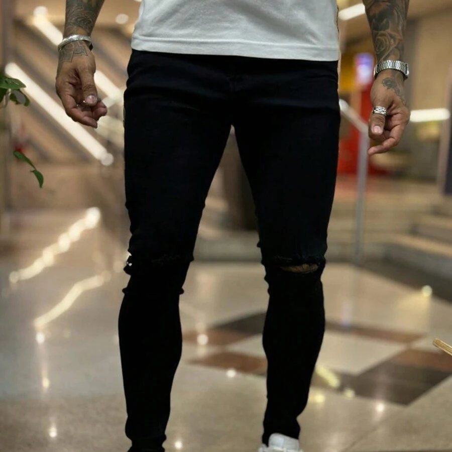 Men's Black Skinny Jeans With Ripped Knees Fashion Y2k Gringa - Black - View 1