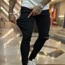 Men's Black Skinny Jeans With Ripped Knees Fashion Y2k Gringa - Black - View 2