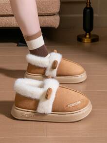 Giày bốt đi tuyết Panda cho nữ, đế dày bằng da lộn, giày bốt ngắn đế bằng dễ thương cho học sinh, giày bốt ngoài trời kaki, mới cho mùa đông - Màu Khaki - Xem 2