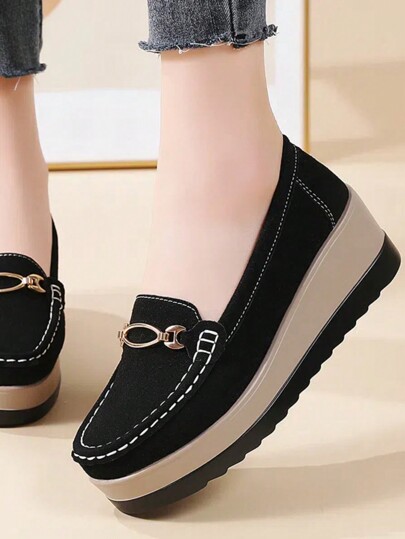 Women's Thick Sole Slip-On Flats Casual Comfortable Loafers, Suitable For Spring, Autumn And Winter, Mother Shoes