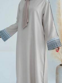 1pc Elegant Polyester Modest Printed Closed Abaya Dress Robe Kaftan - Beige - View 5