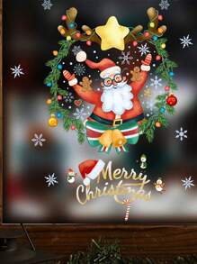 1pc Cartoon Santa Claus Wreath Sticker, Tree Design Glass Window Decals, Holiday Decorative Window Clings Baby Shower Family Decorations Gifts - Multicolor - View 5