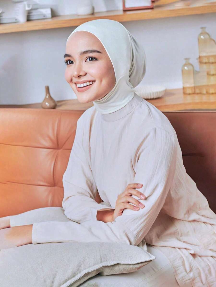 1pc Women Muslim Middle East Solid Color Minimalist Comfortable Breathable Stretchy Wrap Turban Hijab Cap, Suitable For Daily Life And Outdoor Sports - White - View 1