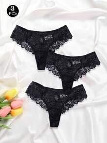 3 件装性感蕾丝丁字裤女士内裤低腰镂空透明 G 弦内衣丁字裤纯色内裤透视内衣 - 黑色 - 查看 6