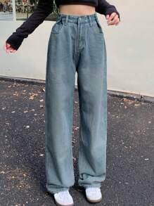 風紀扣細節水洗寬鬆牛仔褲 - 中等水洗藍 - 查看 3