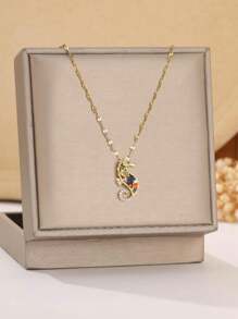 1 pieza Collar de tortuga colorida de la serie Ocean, estilo vacacional, material de cobre con circonita, cadena de labios de acero inoxidable, adecuado para mujeres, regalo ideal para parejas