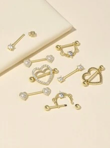 Bộ 4 cặp khuyên núm vú trang trí hình trái tim, chữ U và hình tròn bằng thép không gỉ. - Vàng - Xem 2