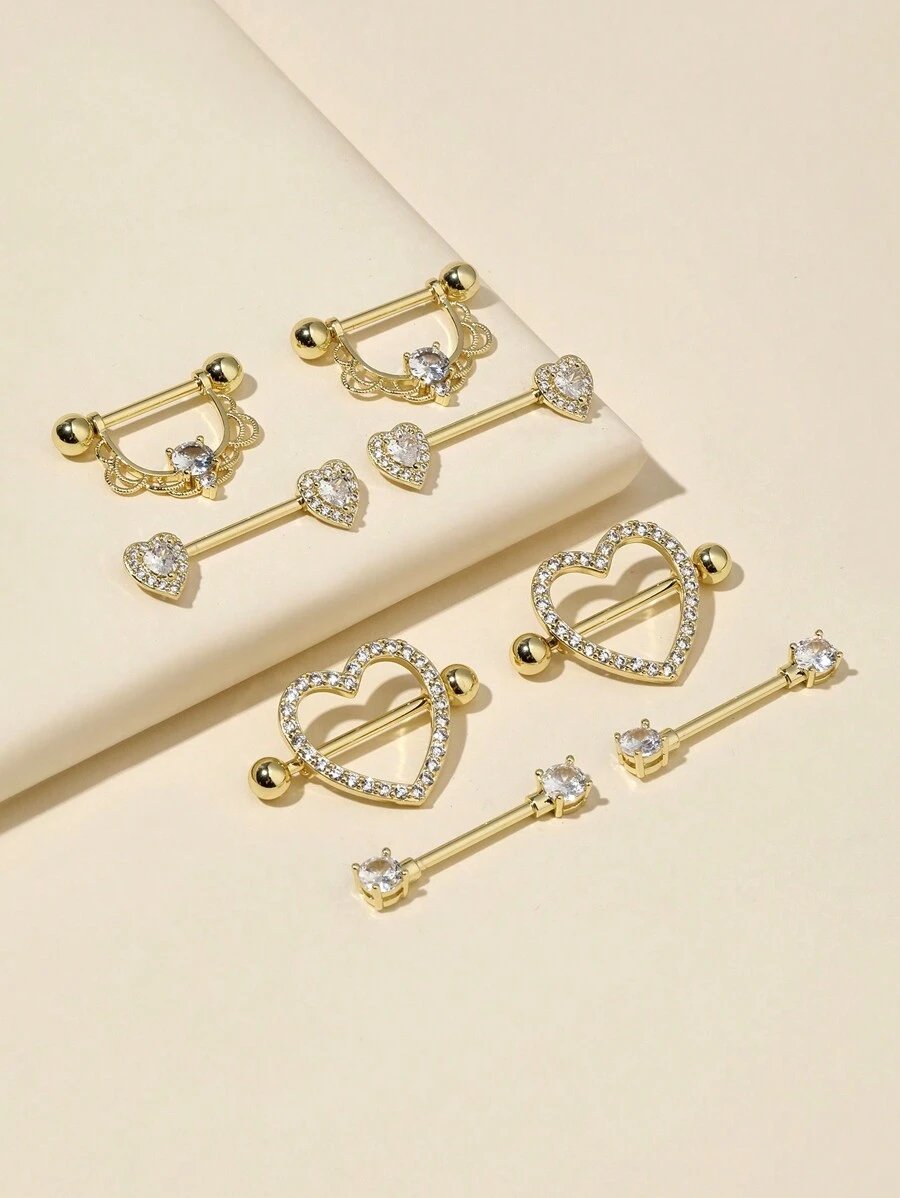 Bộ 4 cặp khuyên núm vú trang trí hình trái tim, chữ U và hình tròn bằng thép không gỉ. - Vàng - Xem 1