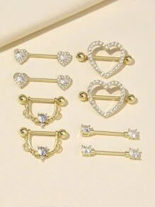 Bộ 4 cặp khuyên núm vú trang trí hình trái tim, chữ U và hình tròn bằng thép không gỉ. - Vàng - Xem 4