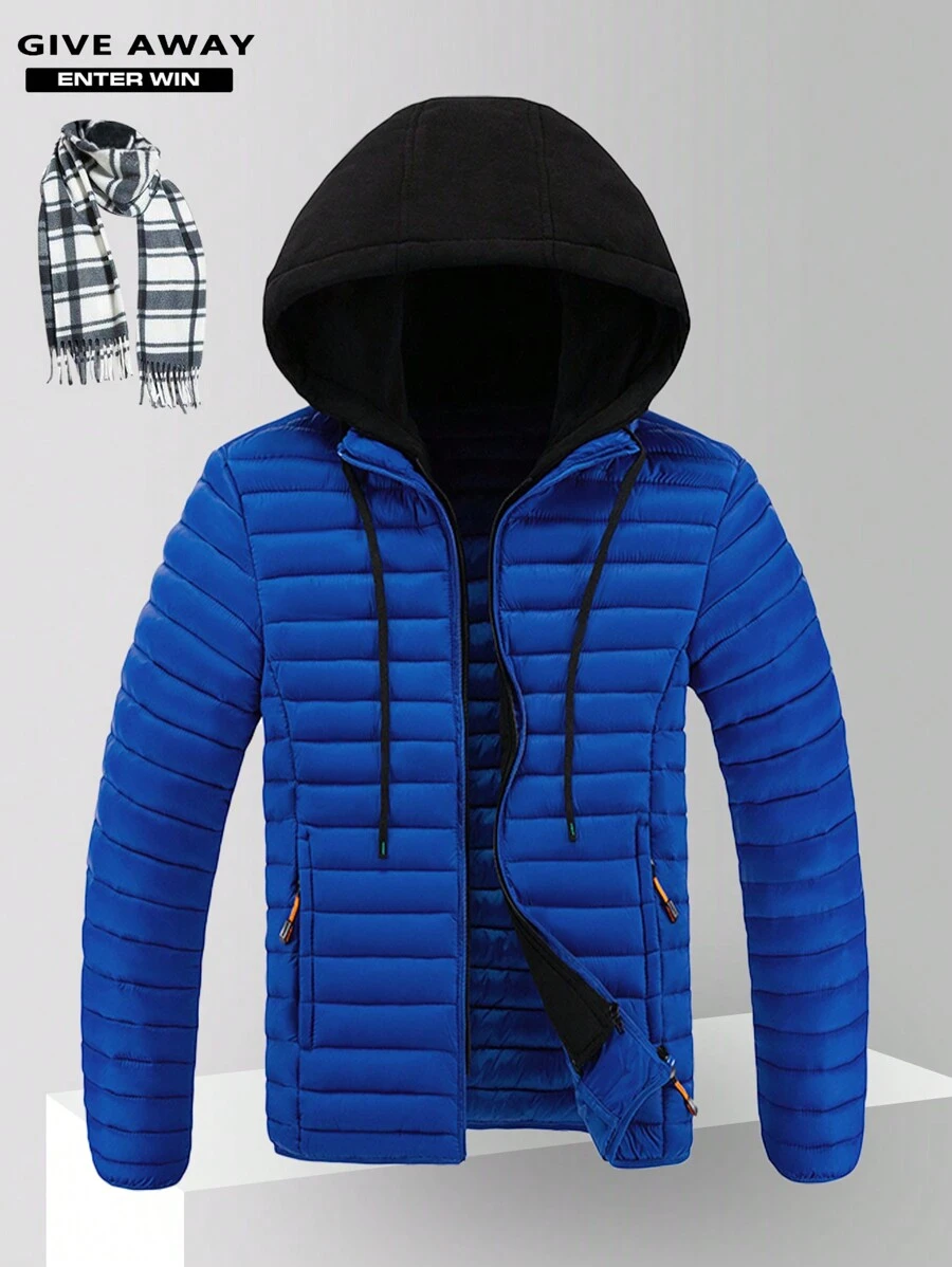 Áo khoác nam mới có đệm kèm khăn quàng cổ, áo khoác ngoài nhẹ ấm áp thường ngày, mùa thu/đông - Xanh đậm - Xem 1