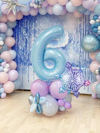 16pcs/Set Frozen Theme Birthday Party Decorative Balloons, Including 40" (Approx. 101cm) 0-9 Number Foil Balloons In Light Blue, Blue And Purple Color Tone, Huge Gradient Snowflake Balloons, Winter Theme Party Decorations | Snowflake Party Decor | Christmas Party Decor,Christmas