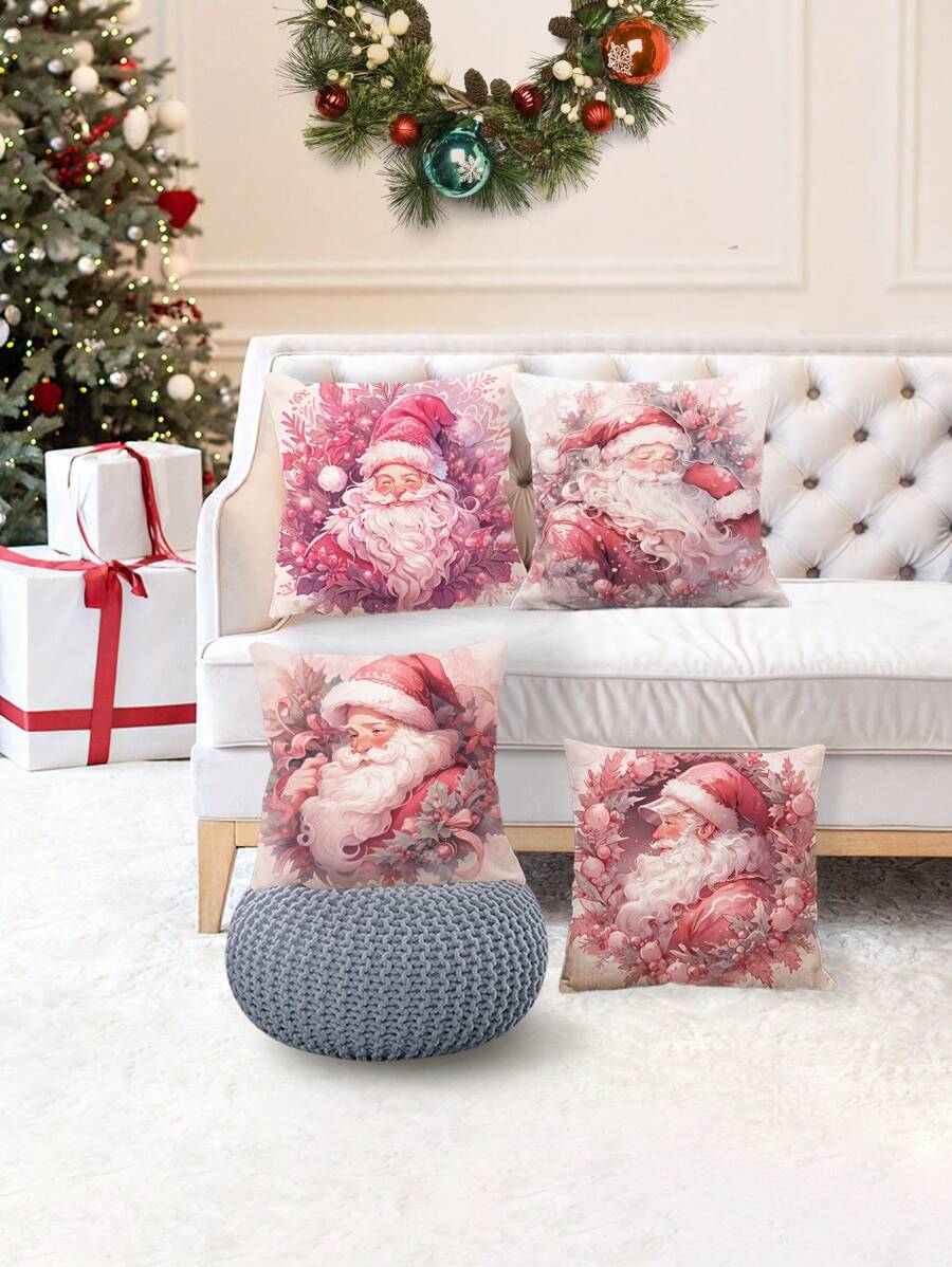 4pcs Christmas Color Themed Decorative Throw Pillow Covers, Santa Claus