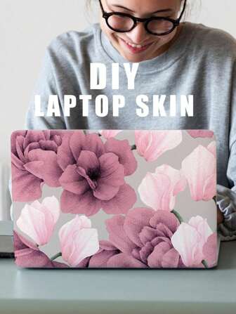 1pc Pink Floral Pattern Laptop Diy Skin Sticker For 15-inch Notebook