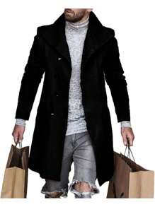 Latest Fashion Hot Plaid Trench Coat For Men, Single Breasted Slim Fit Jacket With Retro Pattern Wool Blend, Formal Pea Jacket - A26黑色 - 查看 1