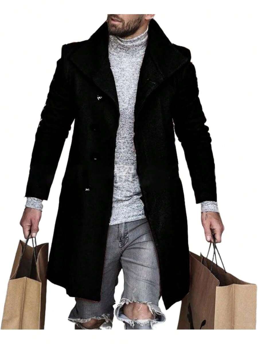 Latest Fashion Hot Plaid Trench Coat For Men, Single Breasted Slim Fit Jacket With Retro Pattern Wool Blend, Formal Pea Jacket - A26黑色 - 查看 1