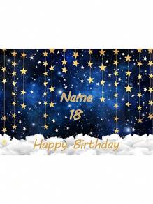 可定制的新生儿摄影背景，带有月亮、星星、蓝云和卡通图案的生日海报 - 彩色 - 查看 13