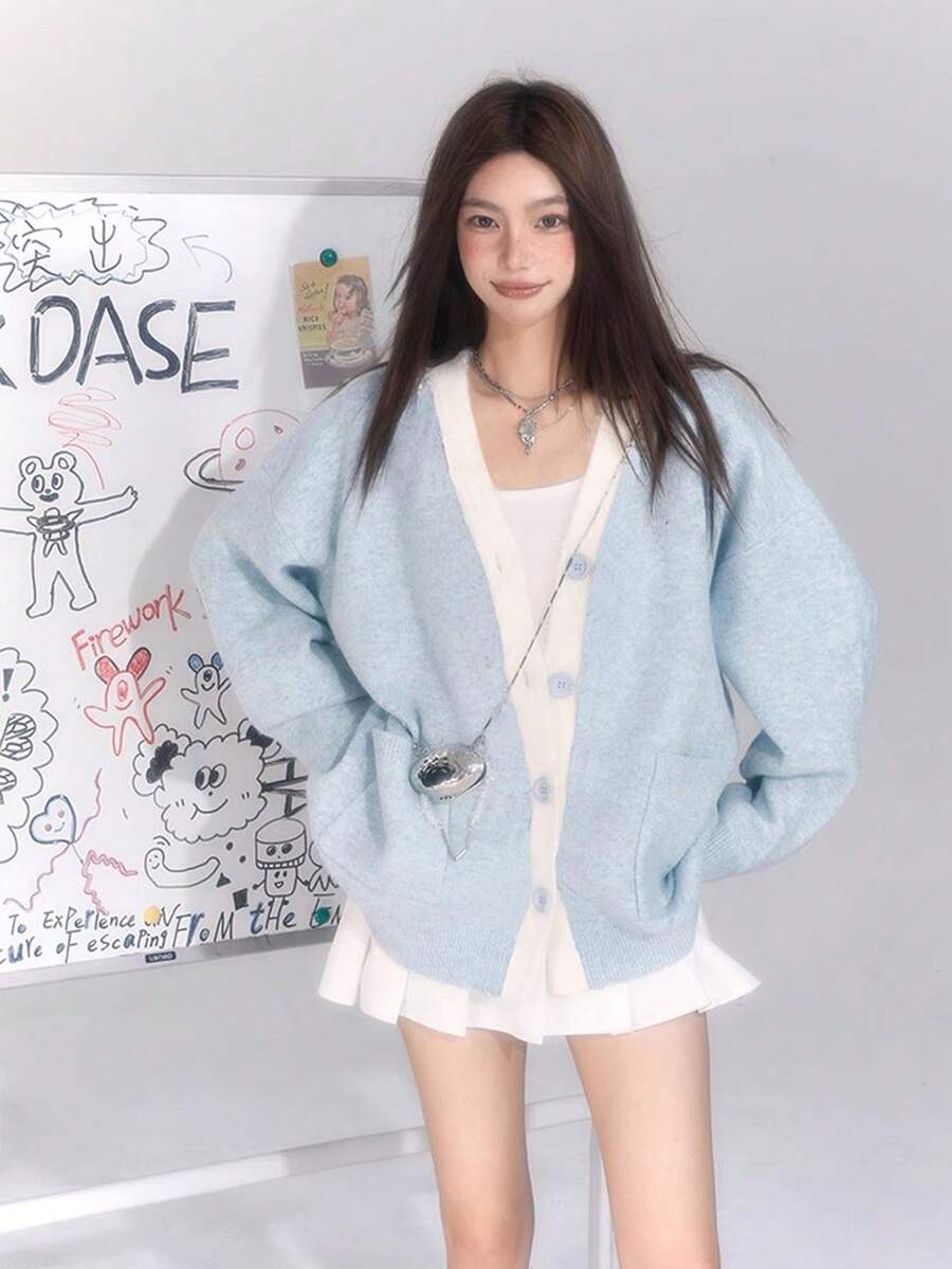 1 件女式蓝色长袖 V 领针织开衫，宽松休闲风格，适合春秋季节，学院风 - 藍白色 - 查看 1