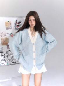 1 件女式蓝色长袖 V 领针织开衫，宽松休闲风格，适合春秋季节，学院风 - 藍白色 - 查看 2