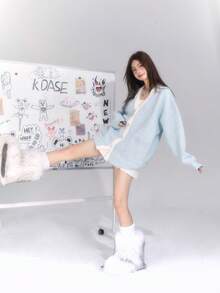 1 件女式蓝色长袖 V 领针织开衫，宽松休闲风格，适合春秋季节，学院风 - 藍白色 - 查看 3