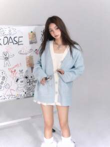 1 件女式蓝色长袖 V 领针织开衫，宽松休闲风格，适合春秋季节，学院风 - 藍白色 - 查看 5