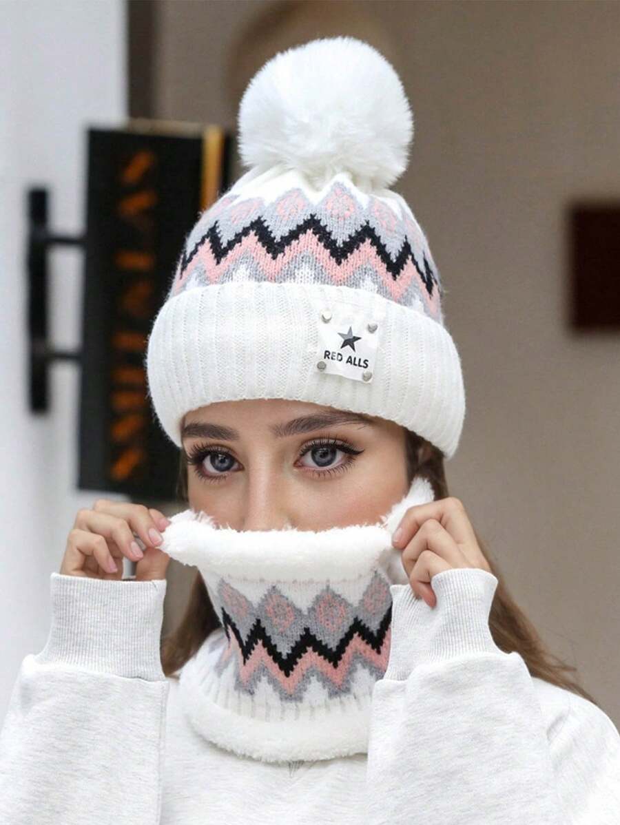 Set de 2 piezas de nueva moda: bufanda y gorro, estilo europeo y americano, bufanda y gorro de punto cálido para mujer, adecuado para exteriores, ciclismo, esquí en otoño/invierno (patrón aleatorio)