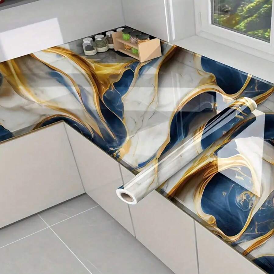 Luxury Blue Glossy SelfAdhesive Wallpaper Roll, Vinyl, Waterproof