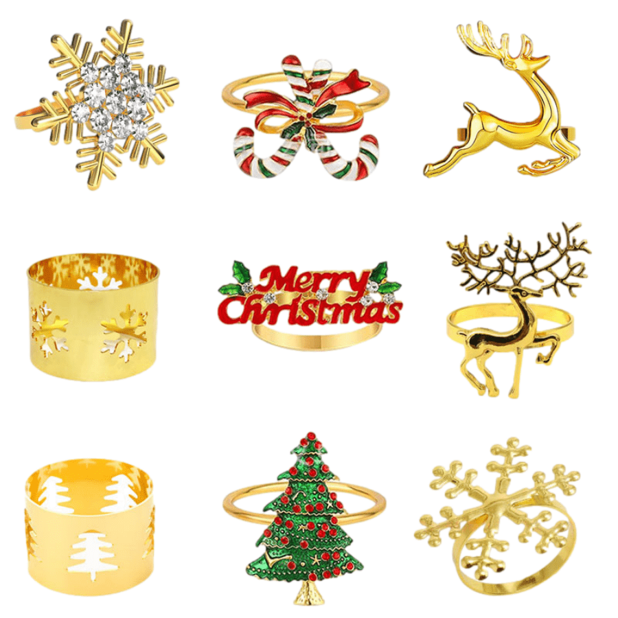 6 pezzi Anelli per tovaglioli in stile fiocco di neve, renna in corsa, albero di Natale, in materiale di ferro, decorazione da festa; Fermapiega per tovaglioli a forma di fiocco di neve con strass alla moda