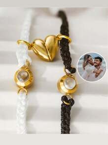 2pcs Custom Photo Projection Adjustable Bracelet With Magnetic Heart-Shaped Pendant, Couples Gift For Christmas