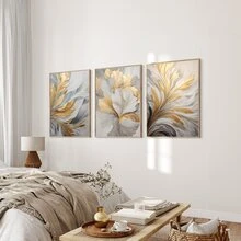 Set Of 3 Unframed Luxury Golden And White Leaves Poster, Waterproof Canvas Wall Art, Artwork Wall Painting For Gift, Wall Picture For Living Room, Bedroom, Dining Room, Kitchen, Office, Bathroom, Wall Decor Aesthetic,Home And Dormitory Decoration