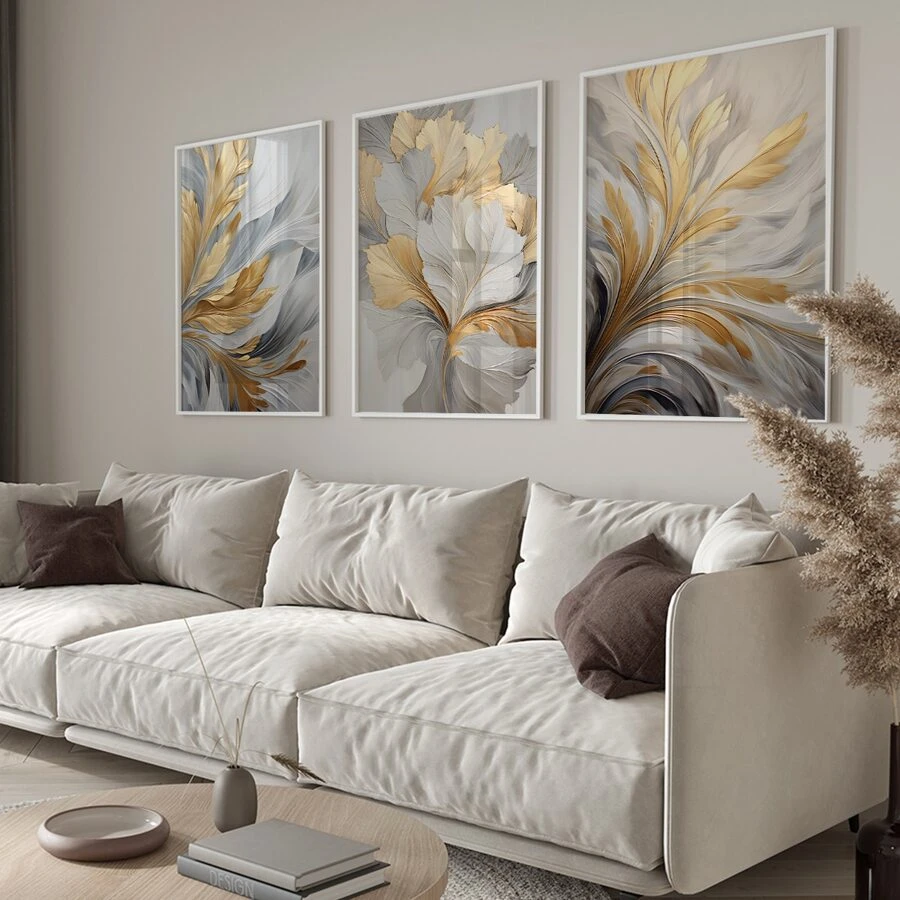 Set Of 3 Unframed Luxury Golden And White Leaves Poster, Waterproof Canvas Wall Art, Artwork Wall Painting For Gift, Wall Picture For Living Room, Bedroom, Dining Room, Kitchen, Office, Bathroom, Wall Decor Aesthetic,Home And Dormitory Decoration