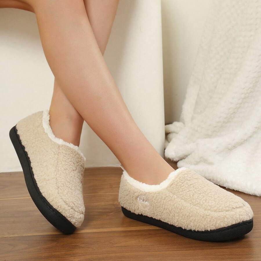 Dép lông cừu mùa đông ấm áp và thoải mái cho nữ, đế mềm màu trơn dùng trong nhà và ngoài trời - Màu Khaki - Xem 1