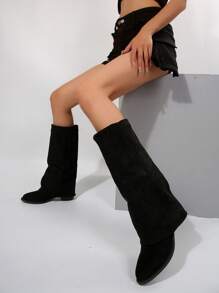 بوت جلد الغزال الطويلة حتى الركبة ذات الكعب السميك والأصبع المدبب للنساء، موديل خريف/شتاء 2025، بوت غربية - الأسود - مشاهدة 3