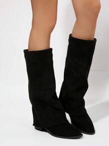 بوت جلد الغزال الطويلة حتى الركبة ذات الكعب السميك والأصبع المدبب للنساء، موديل خريف/شتاء 2025، بوت غربية - الأسود - مشاهدة 5