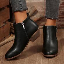 1pair New Stylish Women Block Heel Zipper Side Ankle Boots, Black, For Autumn/Winter Season