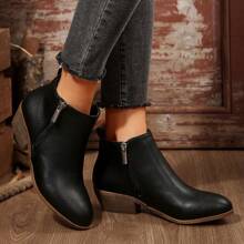 1pair New Stylish Women Block Heel Zipper Side Ankle Boots, Black, For Autumn/Winter Season