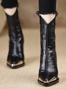 Fashion Match Corset , 2024 Autumn/Winter New Metallic Pointed Toe Block Heel Mid-Calf Boots For Women,Party - Black - View 2