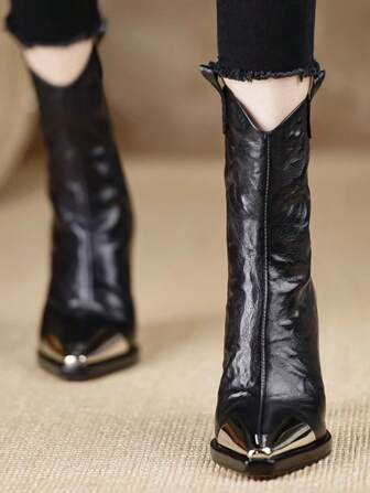 Fashion Match Corset , 2024 Autumn/Winter New Metallic Pointed Toe Block Heel Mid-Calf Boots For Women,Party