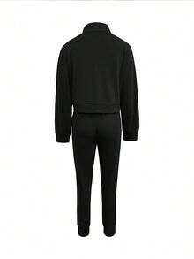 Bộ đồ nữ 2 món: Áo khoác ngắn màu trơn đơn giản có khóa kéo và quần skinny cạp chun có túi, phù hợp cho mùa xuân, thu và đông. Màu đen thường ngày - màu đen - Xem 3