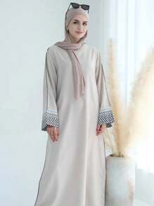 1pc Elegant Polyester Modest Printed Closed Abaya Dress Robe Kaftan - Beige - View 4