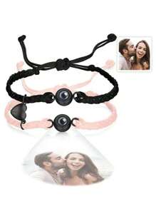 2pcs Custom Photo Projection Adjustable Bracelet With Magnetic Heart-Shaped Pendant, Couples Gift For Christmas