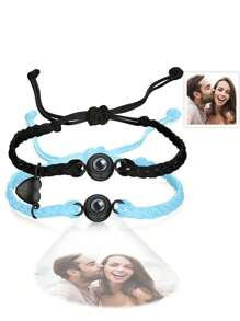 2pcs Custom Photo Projection Adjustable Bracelet With Magnetic Heart-Shaped Pendant, Couples Gift For Christmas