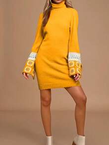 Autumn And Winter New Fashion Retro High Collar Jacquard Hollow Design Mid-Length Women's Sweater Dress