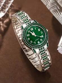 1 Set Of 6pcs Fashionable Ladies Watches, Green Dial Quartz Movement - Zinc Alloy Case & Band, Round Electronic Wrist Watch, Suitable For Daily Wear And Party, Ideal Gift For Friends On New Year, Christmas, Valentine's Day