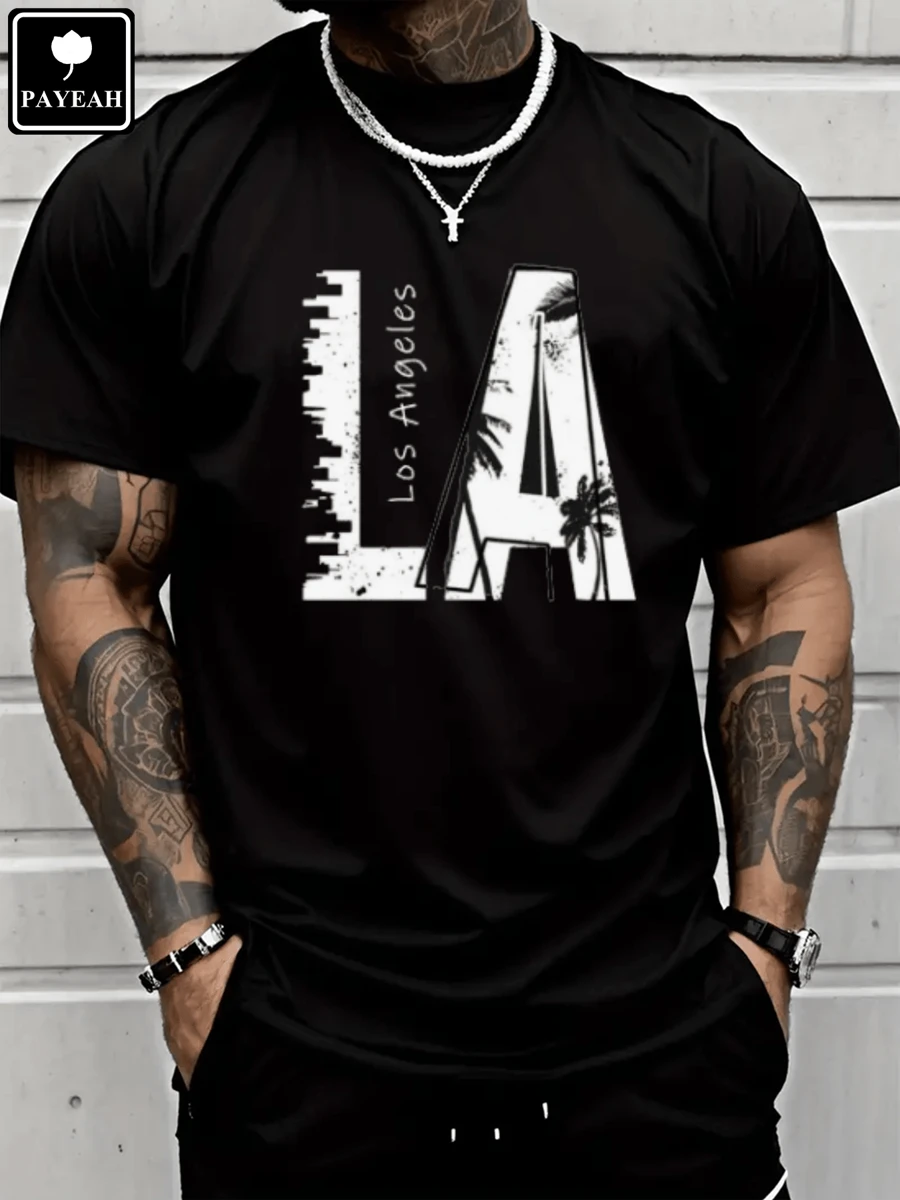 PAYEAH Men's Vintage Graphic Tee Shirts Summer Crewneck T Shirt  Pure Heavy Cotton T Shirt - 黑色 - 查看 1