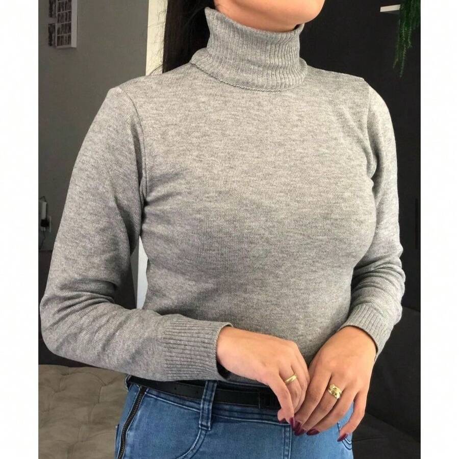 Women's Blouse High Neck Cacharrel Women's Cherry Basic Knit High Neck Long Sleeve Cacharréu - 淺灰色 - 查看 1