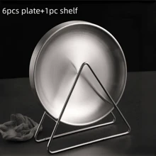 Bộ 6 đĩa tròn nông bằng thép không gỉ phong cách Hàn Quốc dùng cho tiệc nướng, lẩu và nhà hàng, kèm giá để đồ làm quà tặng Giáng sinh, đồ dùng học tập - Bạc - Xem 15