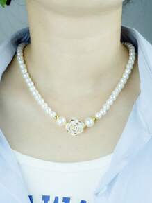 1 套优雅浪漫花朵仿珍珠设计项链、手链、耳环 4 件珠宝适合女性、女孩、学生、办公室女士、日常穿着、派对、约会、情人节礼物、妈妈、母亲、母亲节、礼物 - 金色 - 查看 4