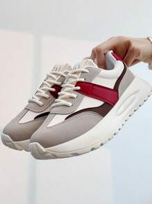 韩版厚底厚底运动鞋，街头时尚学生跑步鞋，男女通用复古经典休闲运动鞋，圆头，透气，舒适系带，平跟，适合所有季节 - 紅色 - 查看 15