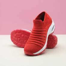 女士经典黑色休闲运动鞋，一脚蹬摇摆舞透气针织鞋 - 紅色 - 查看 4